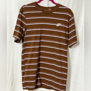 The Nike Tee Women's Size Medium Shirt Brown Striped Embroidered Logo T-Shirt